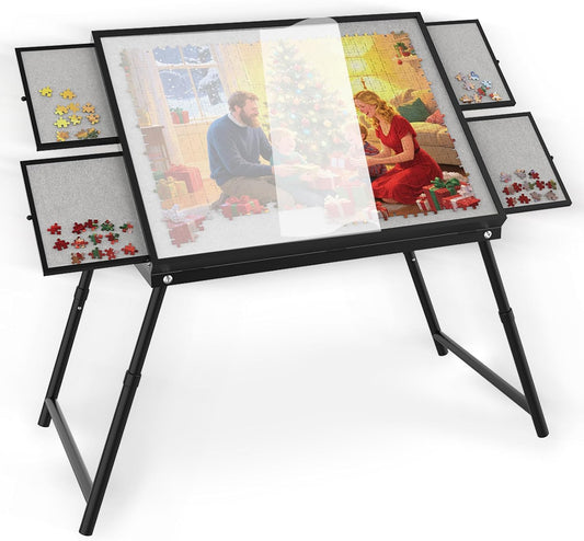 Puzzle Table 1500 Pieces, 3-in-1 Adjustable Jigsaw Puzzle Table with Cover – 18” & 28” Height, 5 Angle Tilt, Metal Frame, Foldable Puzzle Table with Drawers and Legs for All Ages