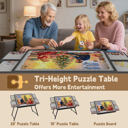 Puzzle Table 1500 Pieces, 3-in-1 Adjustable Jigsaw Puzzle Table with Cover – 18” & 28” Height, 5 Angle Tilt, Metal Frame, Foldable Puzzle Table with Drawers and Legs for All Ages