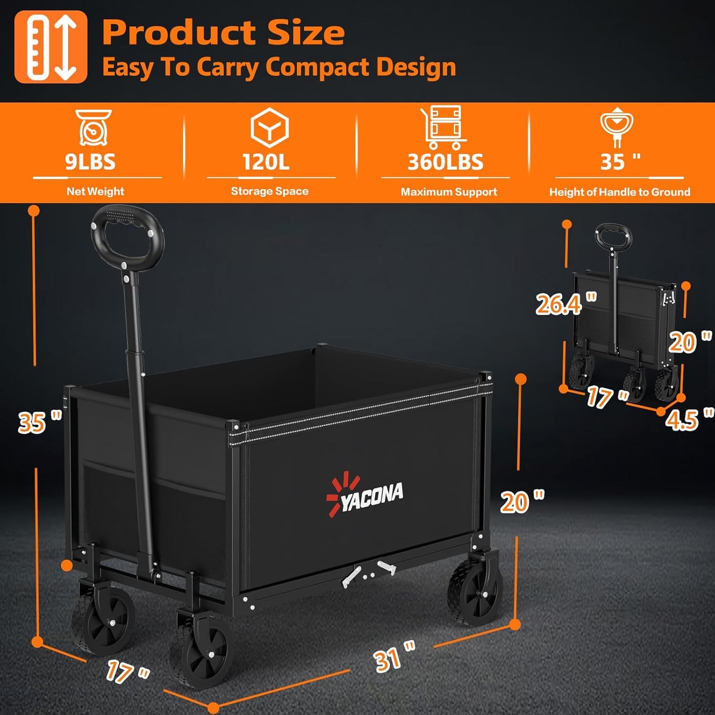 YACONA 3 in 1 Wagons Carts Foldable, 360LBS Lightweight Wagon with All Terrain Wheels, Collapsible Wagon Cart for Grocery, Camping, Beach, Garden & Sports