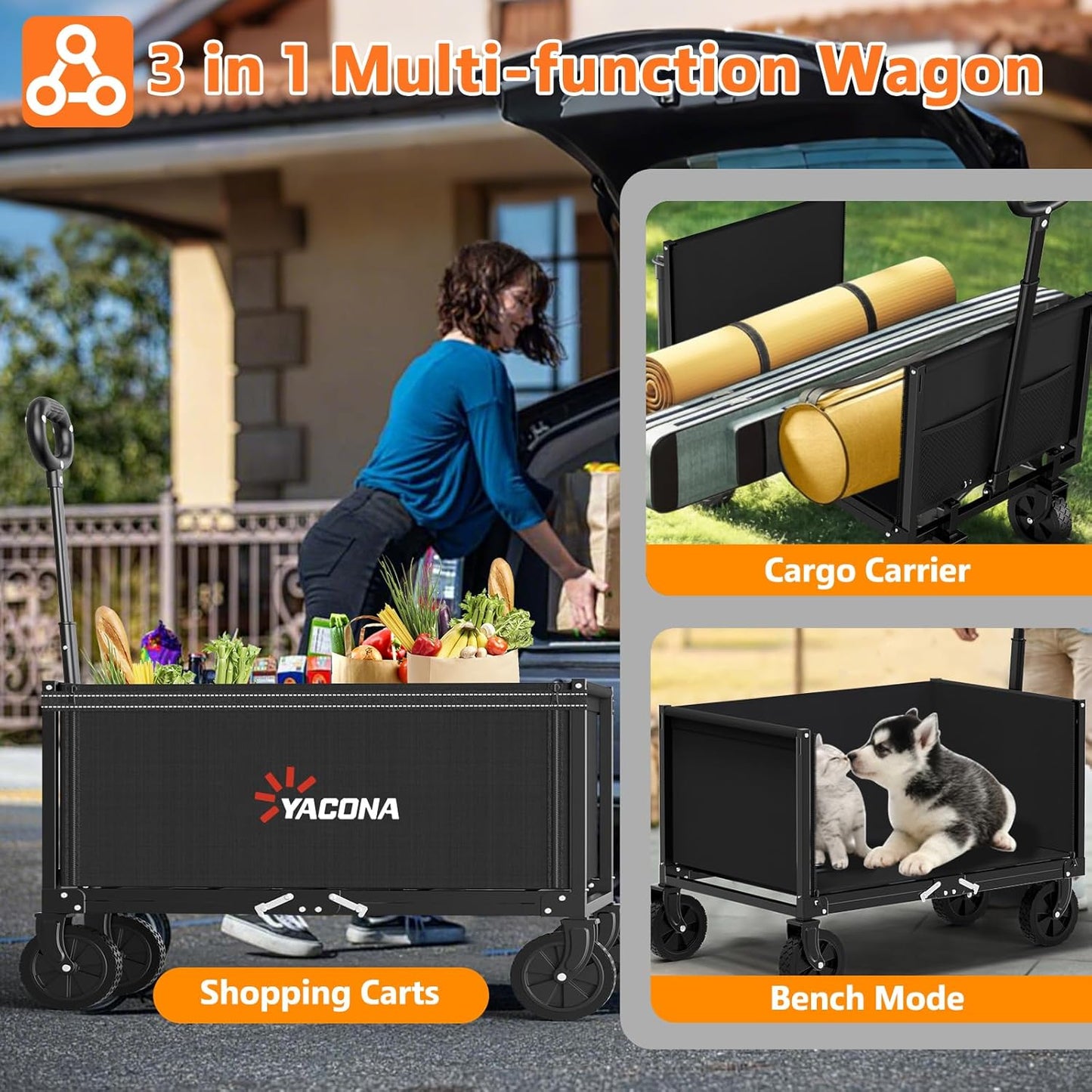 YACONA 3 in 1 Wagons Carts Foldable, 360LBS Lightweight Wagon with All Terrain Wheels, Collapsible Wagon Cart for Grocery, Camping, Beach, Garden & Sports